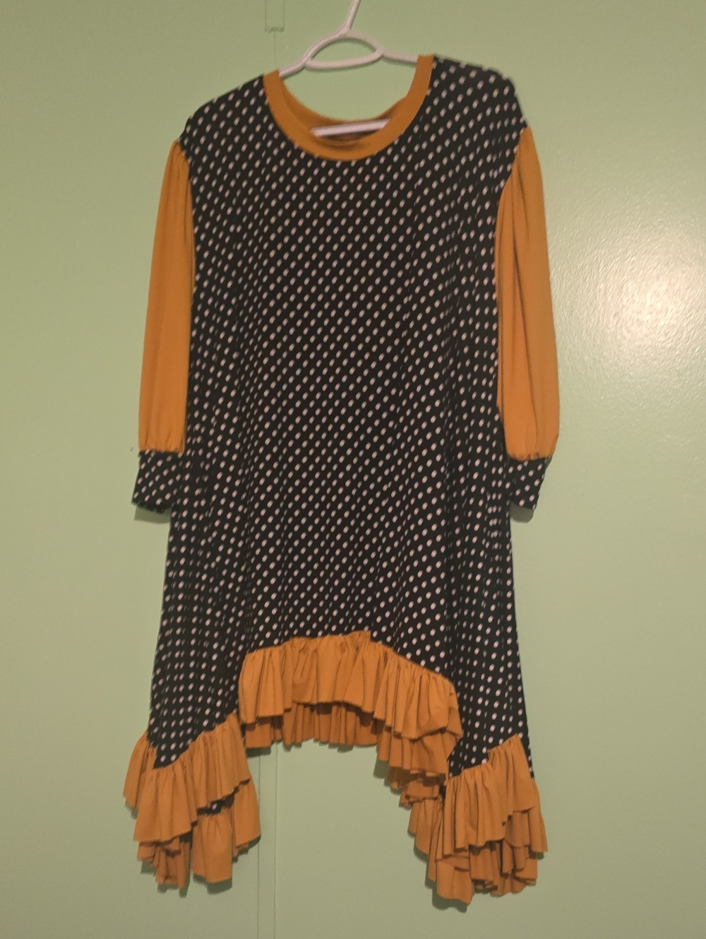 Girls' Black Polka Dot Tunic with Mustard Ruffle Trim